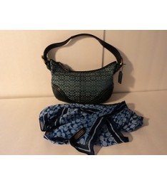 COACH PURSE SIGNATURE FABRIC & BLUE SUEDE PLUS SCARF!