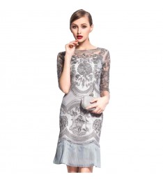 Grey Embroidered Sheath Mini Dress