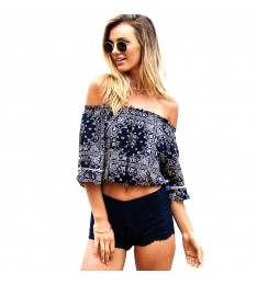Navy Blue & White Geometric Print Off-Shoulder Shirt
