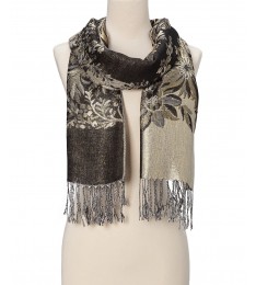Black & Gray Floral Fringe Cashmere-Silk Blend Scarf