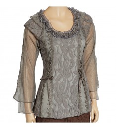 Grey Waved Lace Linen-Blend Top