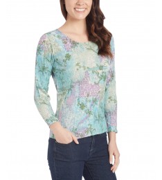 Olive & Teal Floral Pleated Top