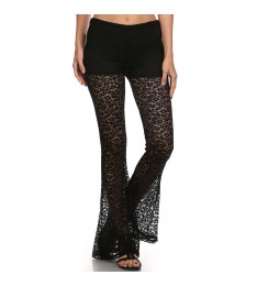 Black Lace-Overlay Flare Palazzo Pants