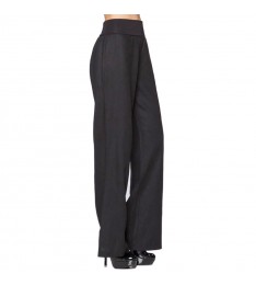 Navy Fold-Over Linen-Blend Wide-Leg Pants