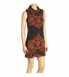 Orange & Black Lace Print Sleeveless Dress