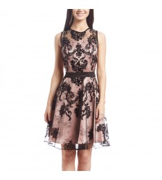 Black & Dust Pink Lace Overlay A-Line Dress