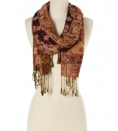 Burgundy & Beige Floral Fringe Silk-Blend Scarf