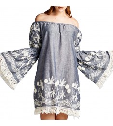 Navy Fringe-Trim Off-Shoulder Dress