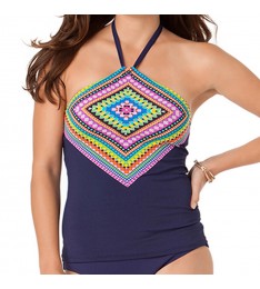Navy & Blue Geometric Halter Tankini Top