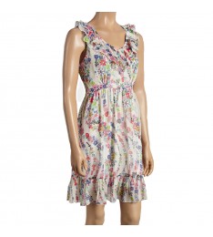 White & Pink Floral Ruffle Sleeveless Dress