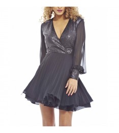Black Sequin Surplice Dress