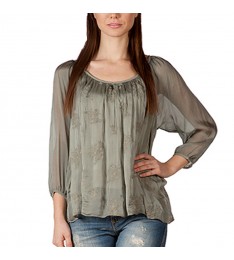 Moss Silk Embroidered Three-Quarter Sleeve Top