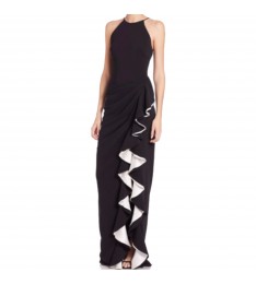 Black Halter Contrast Ruffle Gown