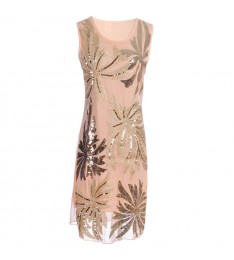 Beige Palm Tree Sequins Dress
