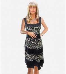Black Gray Patterned Sleeveless Silk Dress