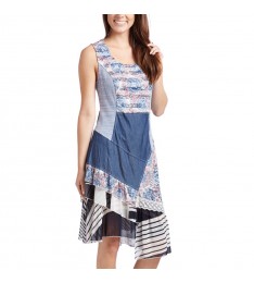 Blue & Black Patchwork Sleeveless Dress