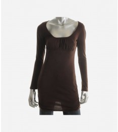 Brown Ruched Long Sleeves Scoop Neck Tunic Top