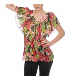 Fuchsia & Green Flutter-Sleeve Top