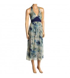 Navy Blue & Green Botanical Silk Halter Dress