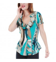 Turquoise & Cream Abstract Ruffle Button-Up Top