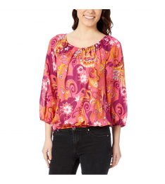 Hot Pink Floral Three-Quarter Sleeve Blouson Top