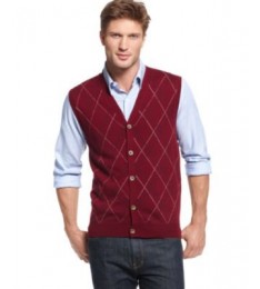 Wool Button Front Argyle Vest Sweater