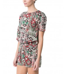 Coral Geometric Open-Back Romper