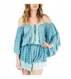 Teal Crochet-Accent Off-Shoulder Romper