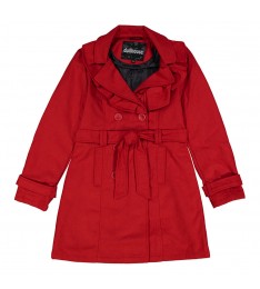 Crimson Wool-Blend Ruffle Belted Peacoat
