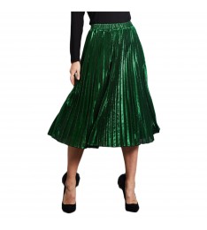 Metallic Green Pleated Midi Skirt