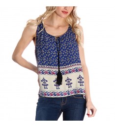 Blue & White Geometric Tassel Tank