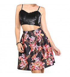 Black & Red Floral Open-Panel Fit & Flare Dress