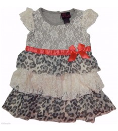 Tot Girl's Ivory Lace & Grey Animal Print Dress 