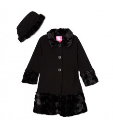 Black Faux Fur Fleece Swing Coat & Hat Set