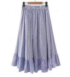 Blue Vertical Striped Elastic Waist Frill Hem Skirt