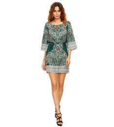 Green Tribal Print Self Tie Dress