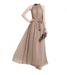 Khaki/Beige Long High Neck Chiffon Dress