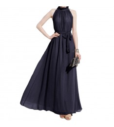Navy Long High Neck Chiffon Dress
