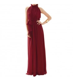 Purplish Red Long High Neck Chiffon Dress