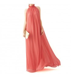 Watermelon Red Long High Neck Chiffon Dress