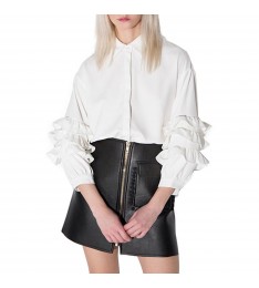 White 3/4 Sleeve Frill Ruffle Button-Down Blouse