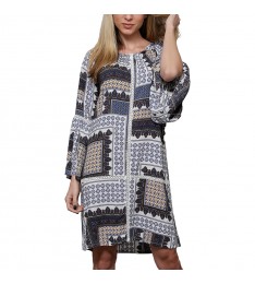 White & Blue Patchwork Bell-Sleeve Dress