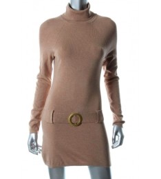 Beige Turtleneck Ribbed Knit Dress