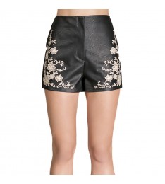 Black Floral Faux Leather Shorts