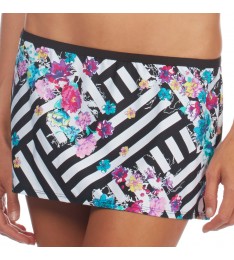 Black & Purple Floral Crosshatch Skirted Bikini Bottom