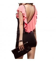 Ladies Party Ruffled Color Mix V Neck Backless Mini Dress