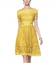 Yellow Lace Sheer-Waist Off-Shoulder Dress