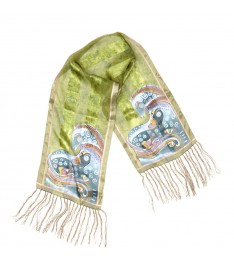 Green Mythical Horses Fringe Silk Scarf