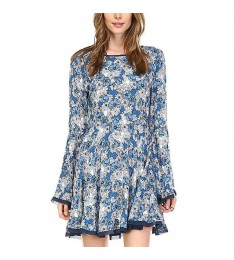 Blue Floral Bell-Sleeve A-Line Dress