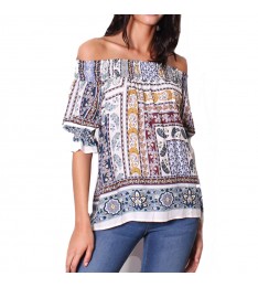 White & Blue Paisley Off-Shoulder Top